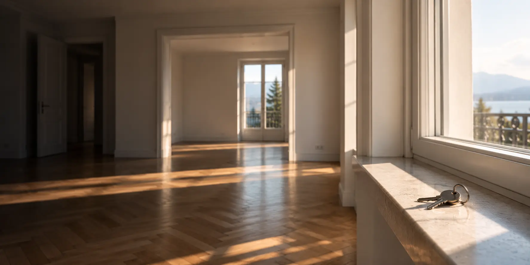 Appartement vide avant visite, parquet et fenêtres, trousseau de clés posé