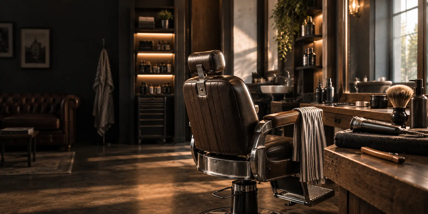 Salon de barbier avant l'ouverture, fauteuil en cuir, tondeuses et blaireau sur le comptoir