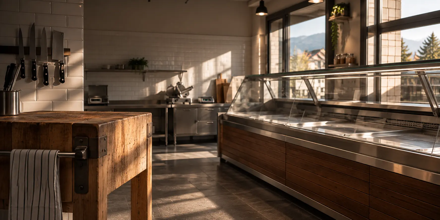 Comptoir de boucherie avant l'ouverture, billot et couteaux rangés