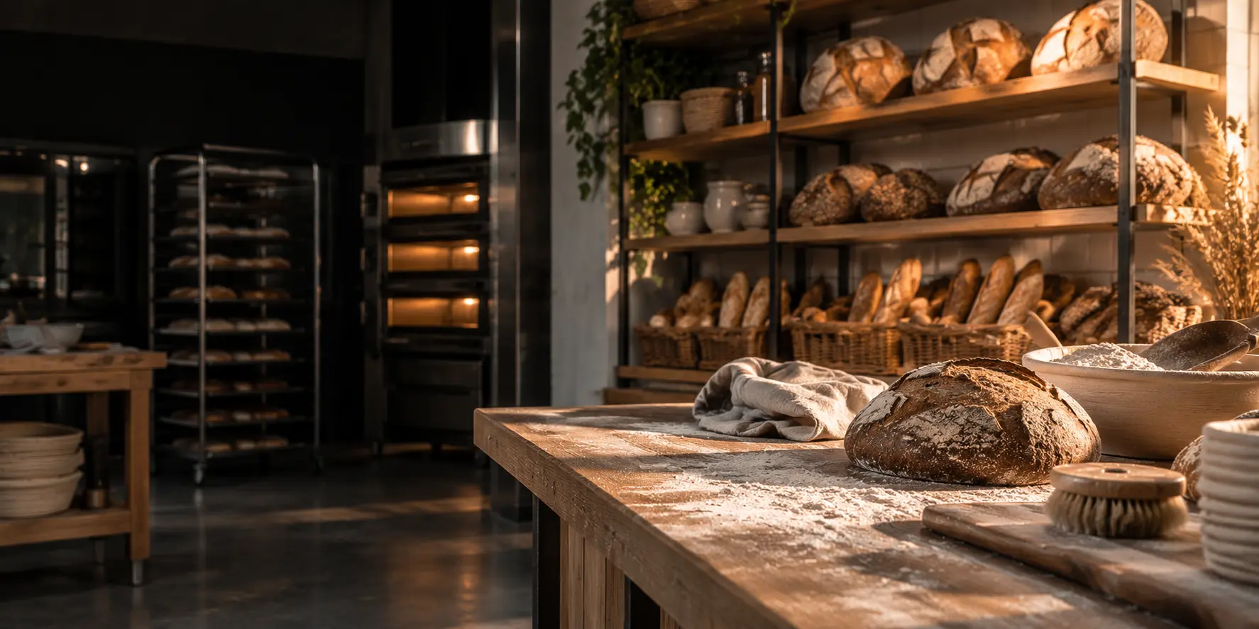 Comptoir de boulangerie avant l'ouverture, pains disposés sur des étagères en bois