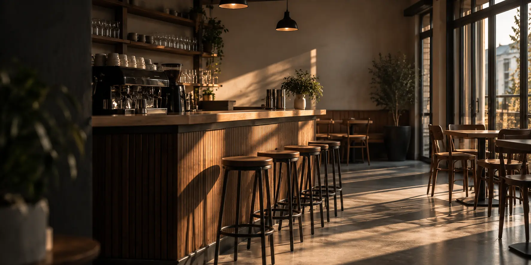 Café avant l'ouverture, comptoir en bois, machine à espresso et tabourets alignés