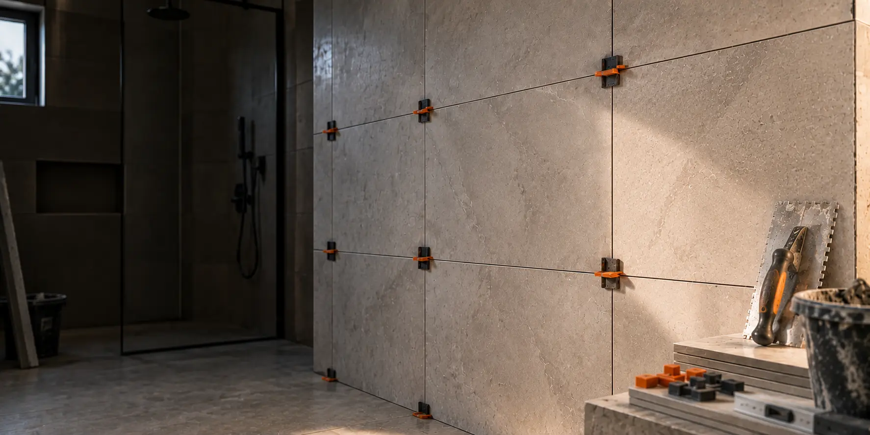 Pose de carrelage grand format sur un mur de salle de bain, joints alignés