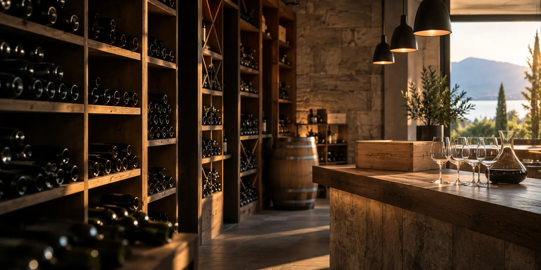 Cave à vin avant l'ouverture, bouteilles couchées sur des étagères en bois