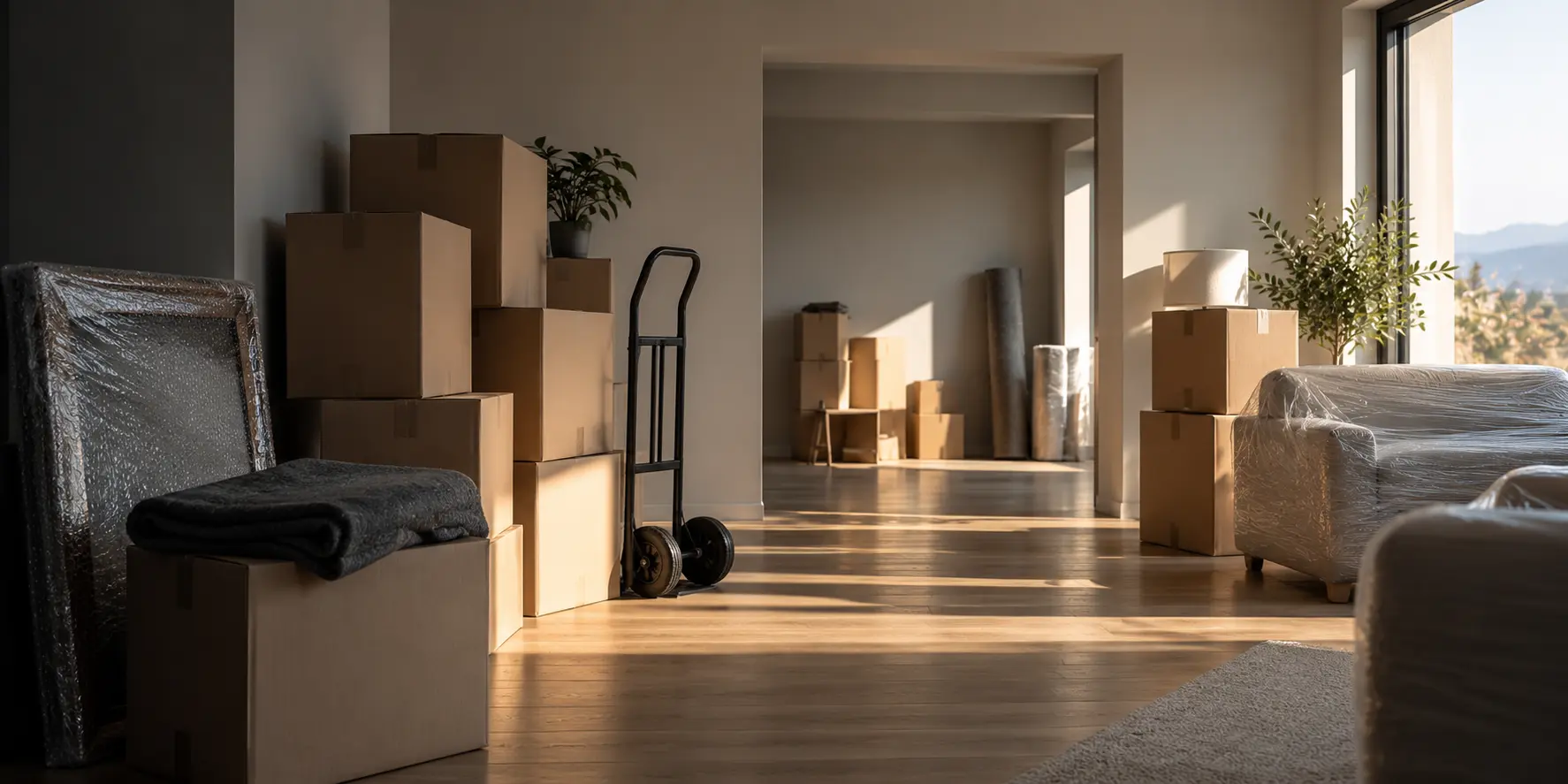 Cartons empilés et meubles protégés dans un appartement vide avant déménagement