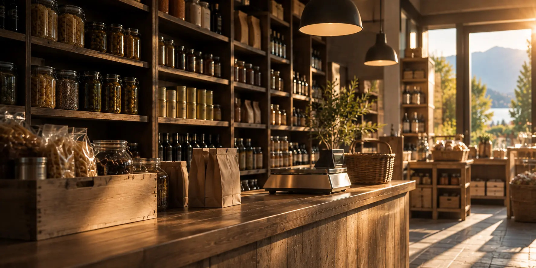 Épicerie fine avant l'ouverture, bocaux alignés sur des étagères en bois