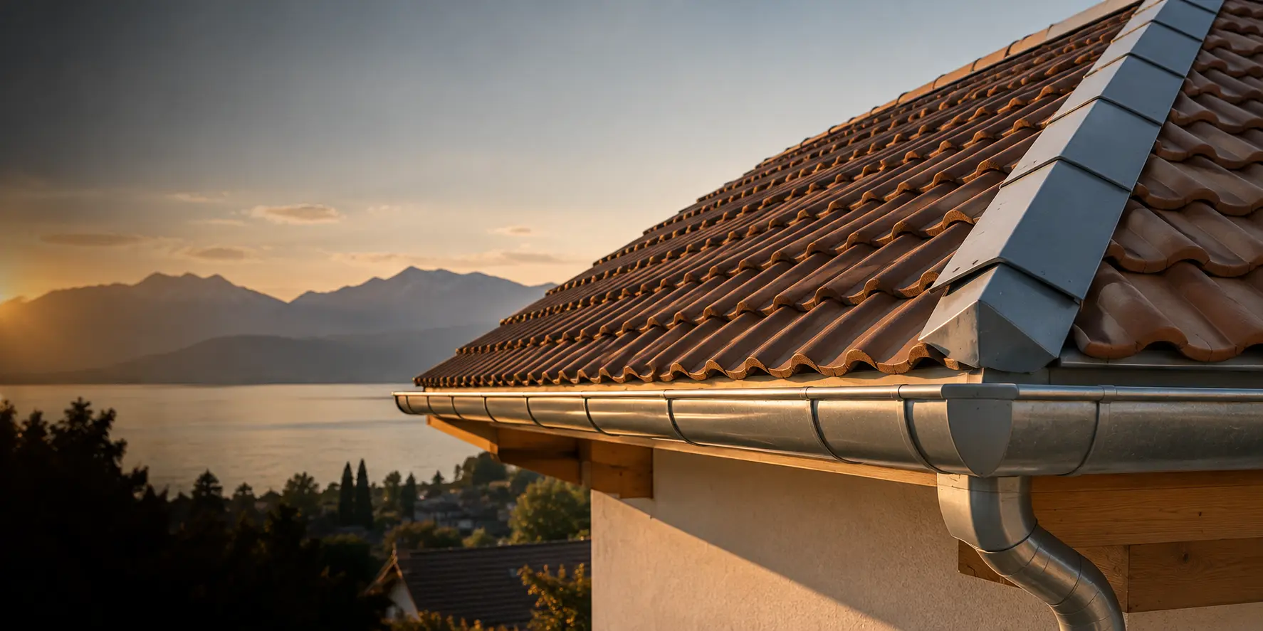 Toiture terminée avec tuiles alignées et chéneau en zinc le long de l'avant-toit