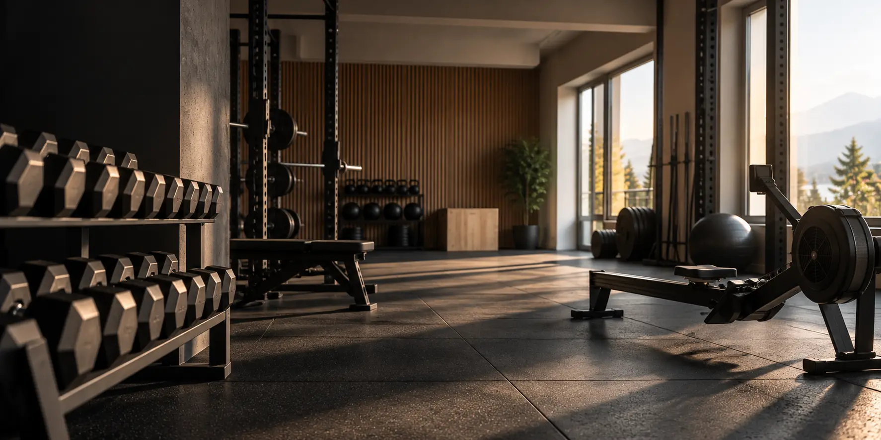 Salle de fitness avant l'ouverture, haltères alignés et rameur sur sol caoutchouc