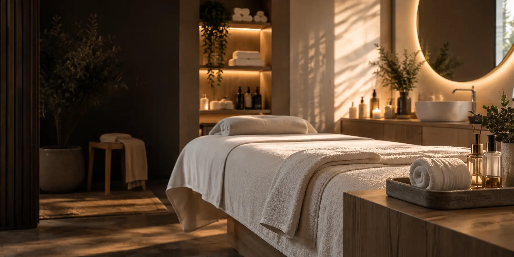 Cabine de soin avant l'ouverture, table de massage préparée et flacons rangés