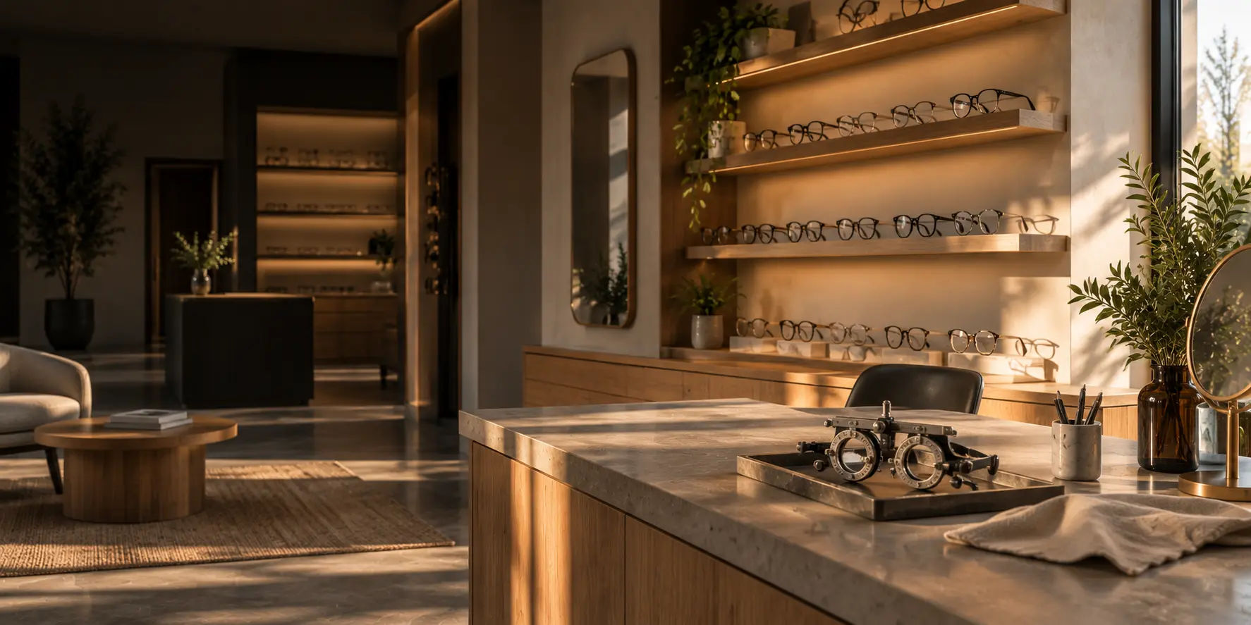 Magasin d'optique avant l'ouverture, montures alignées sur une étagère en bois