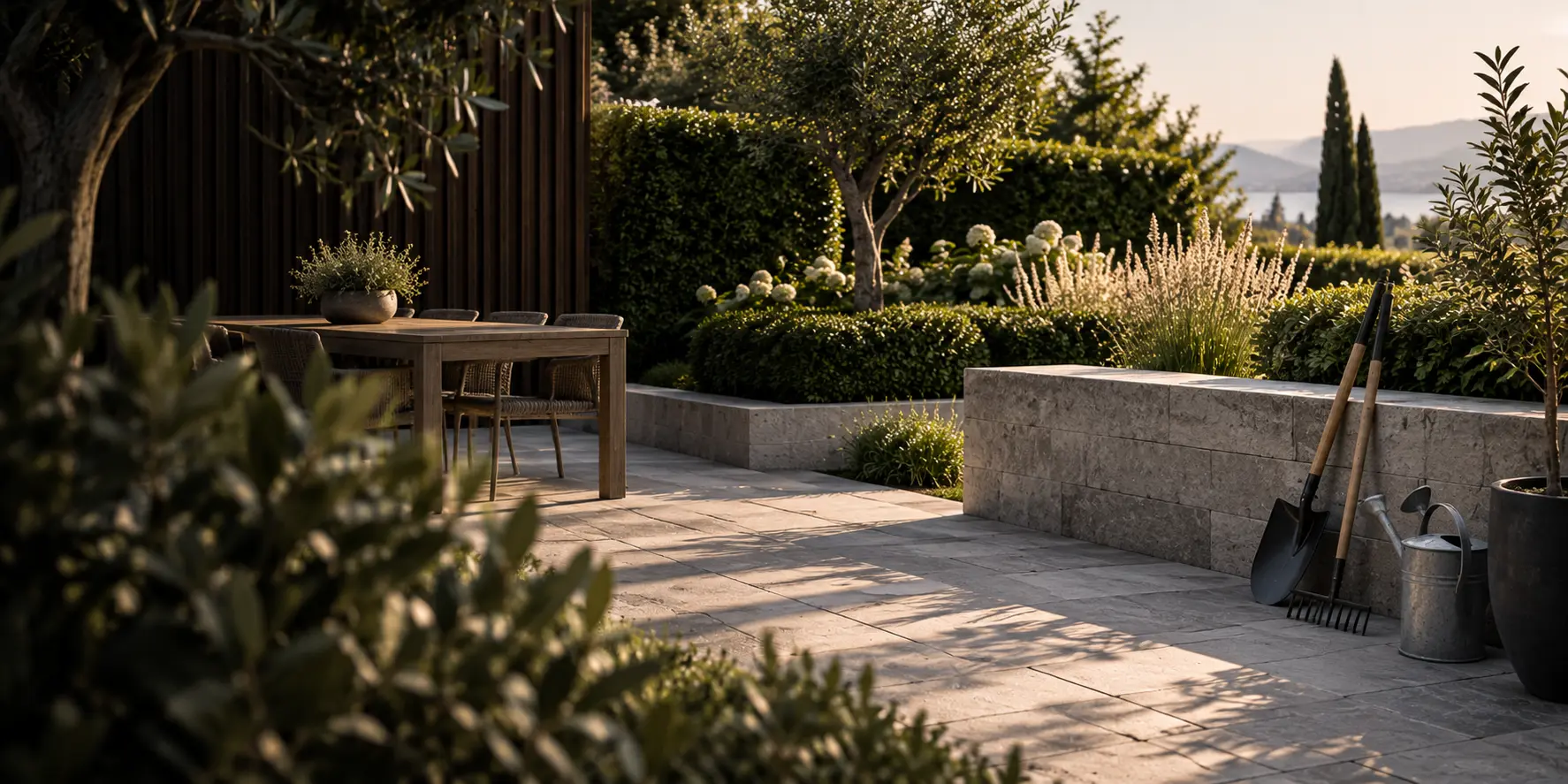Terrasse de jardin terminée, dallage en pierre naturelle et haie taillée