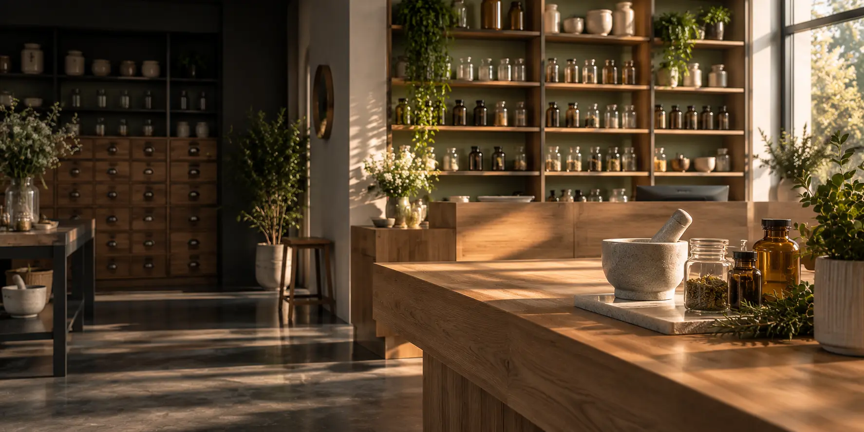 Comptoir d'officine avant l'ouverture, tiroirs en bois et bocaux rangés