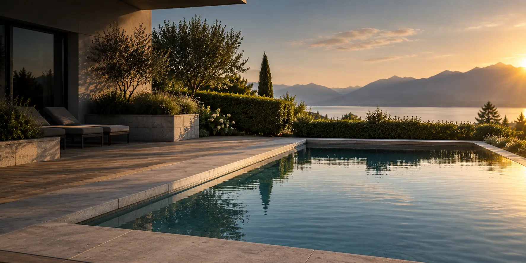 Piscine privée terminée, margelles en pierre naturelle et terrasse en bois