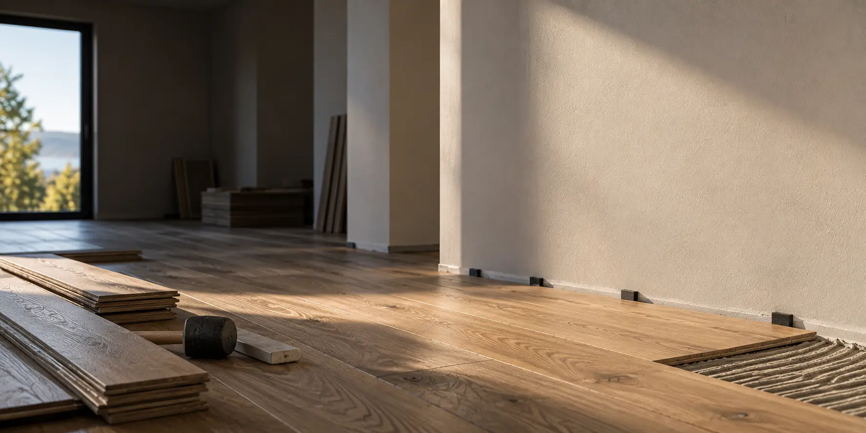 Pose de parquet en cours dans une pièce, lames alignées et cales en périphérie