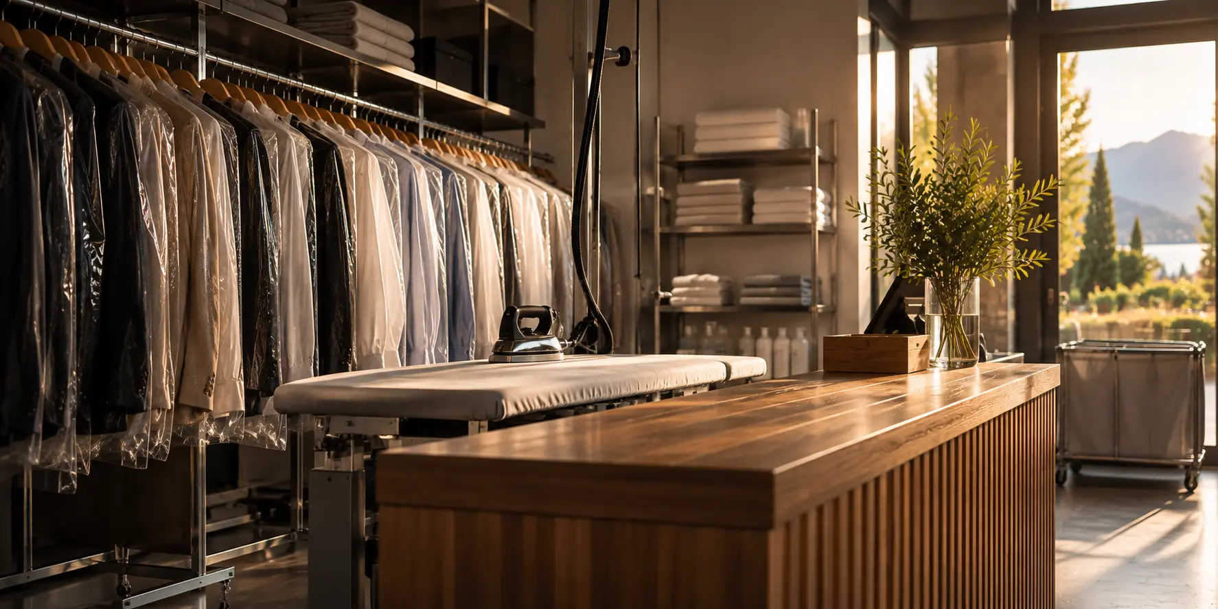 Pressing avant l'ouverture, portant de vêtements sous housse et table à repasser