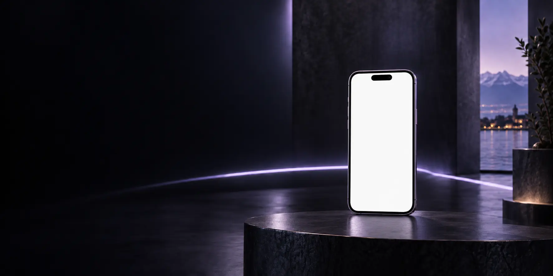 Recherche locale présentée dans un téléphone, sur fond sombre aux reflets lavande