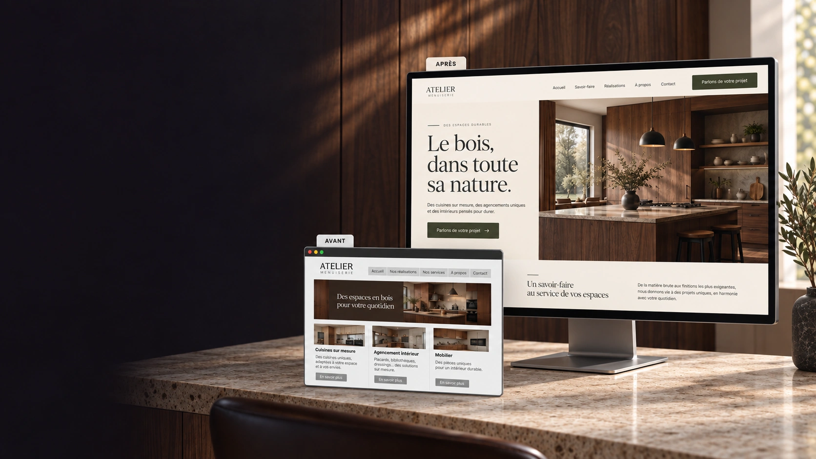 Concept de refonte d'un site de menuiserie : ancienne présentation et nouvelle version sur un écran.