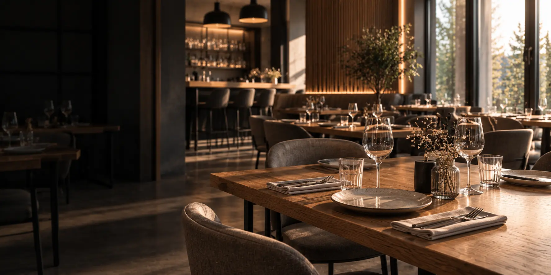 Salle de restaurant dressée avant le service, tables et verres en place