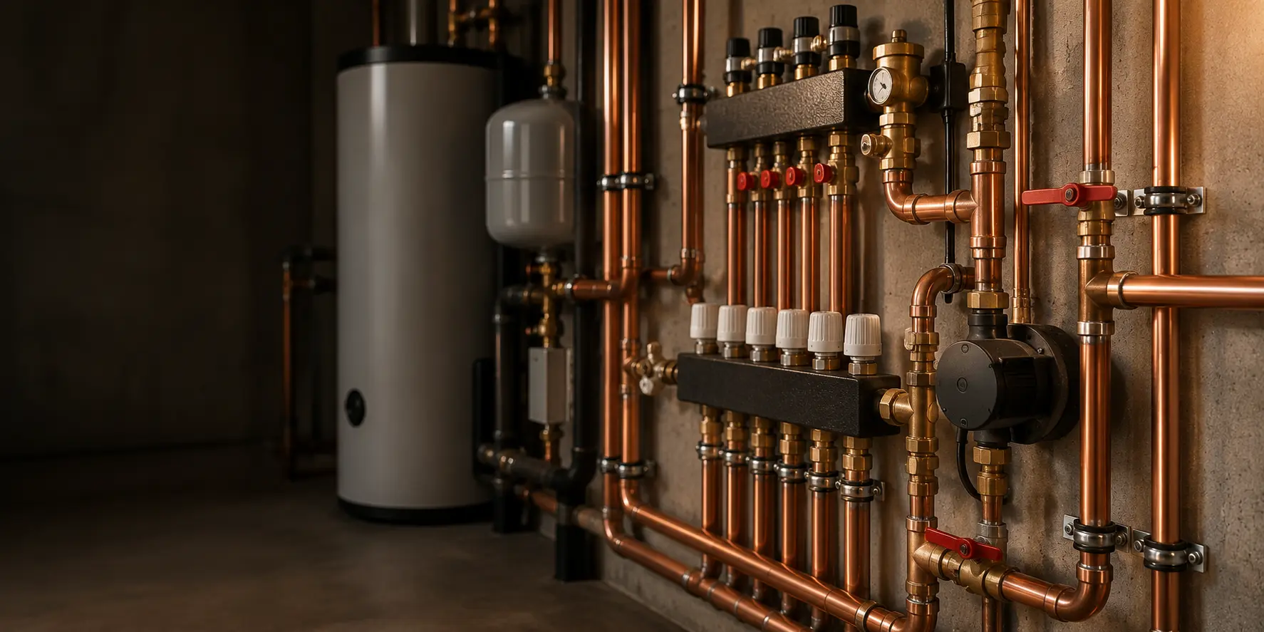 Installation sanitaire en cuivre dans un local technique, collecteurs et vannes d'arrêt