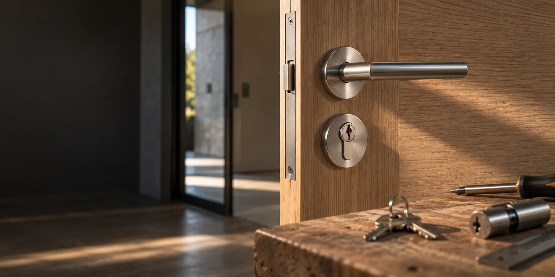 Poignée en acier brossé et cylindre de sécurité posés sur une porte en bois