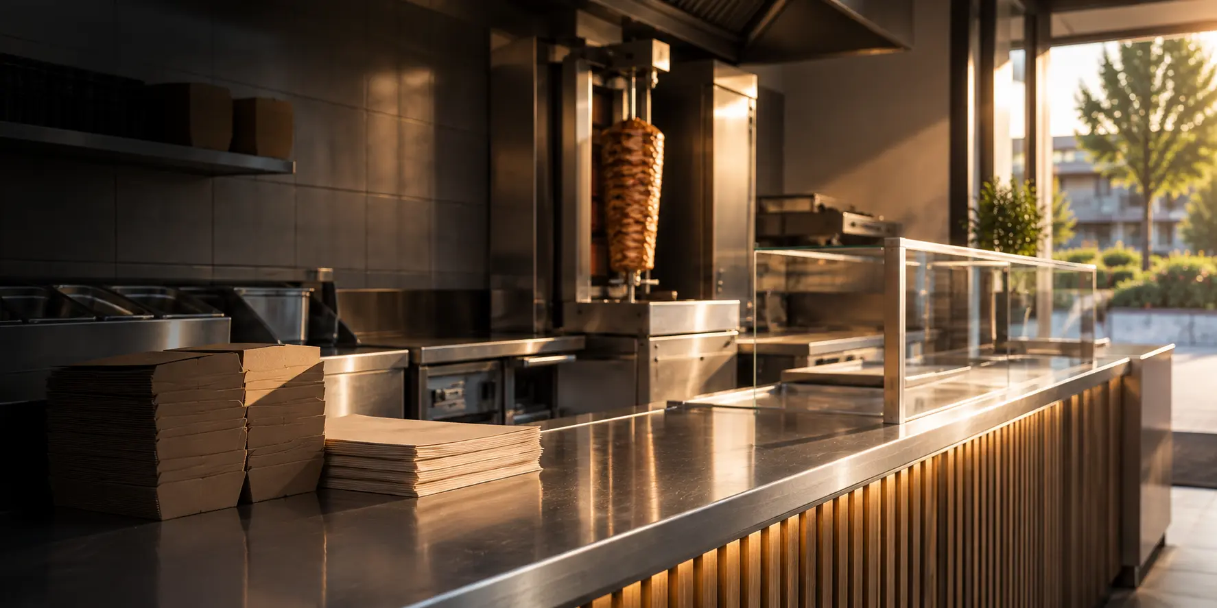 Comptoir de snack avant l'ouverture, plan de travail inox et emballages empilés