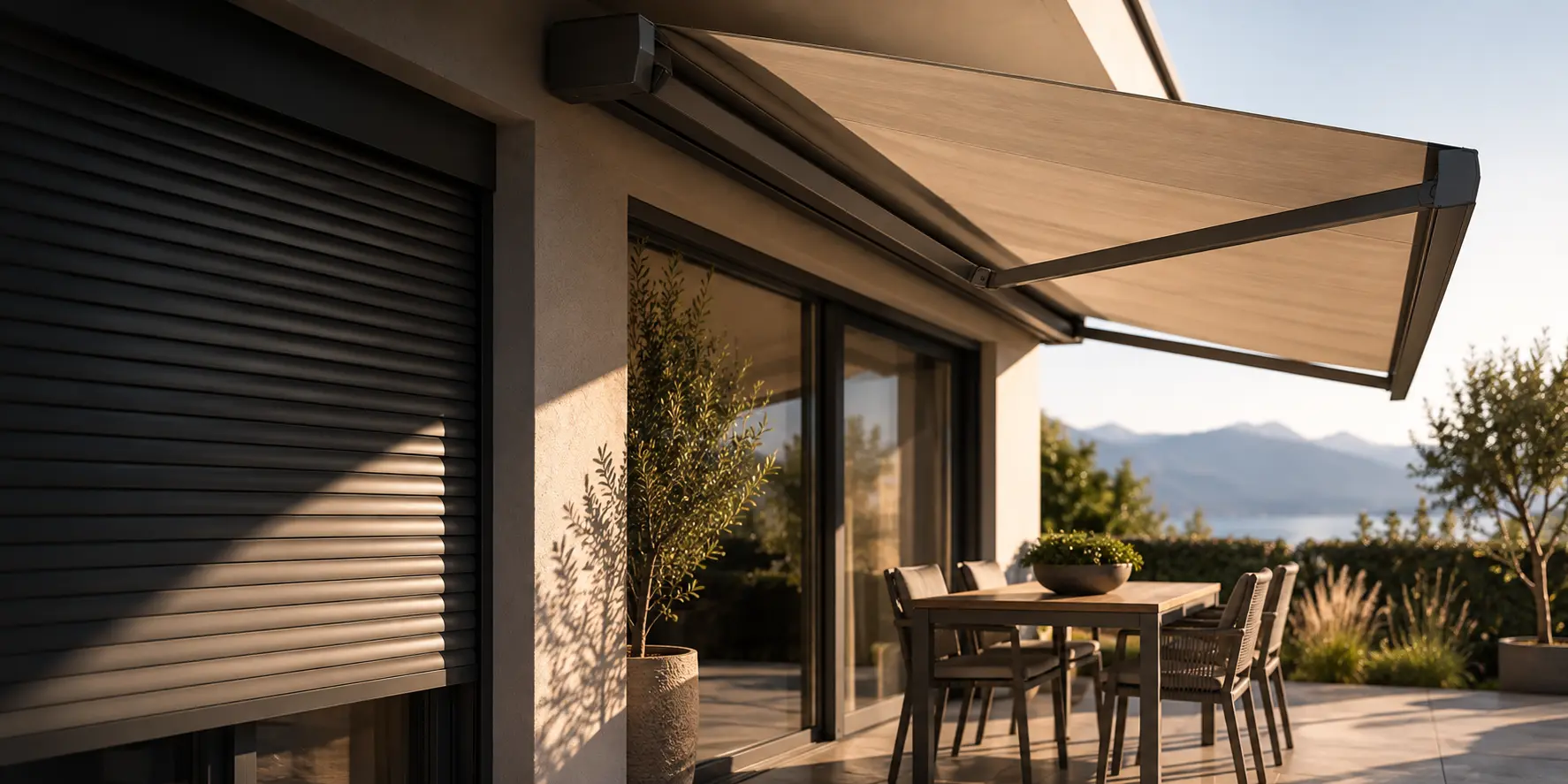 Store de terrasse déployé, toile tendue et rail en aluminium, volet à côté