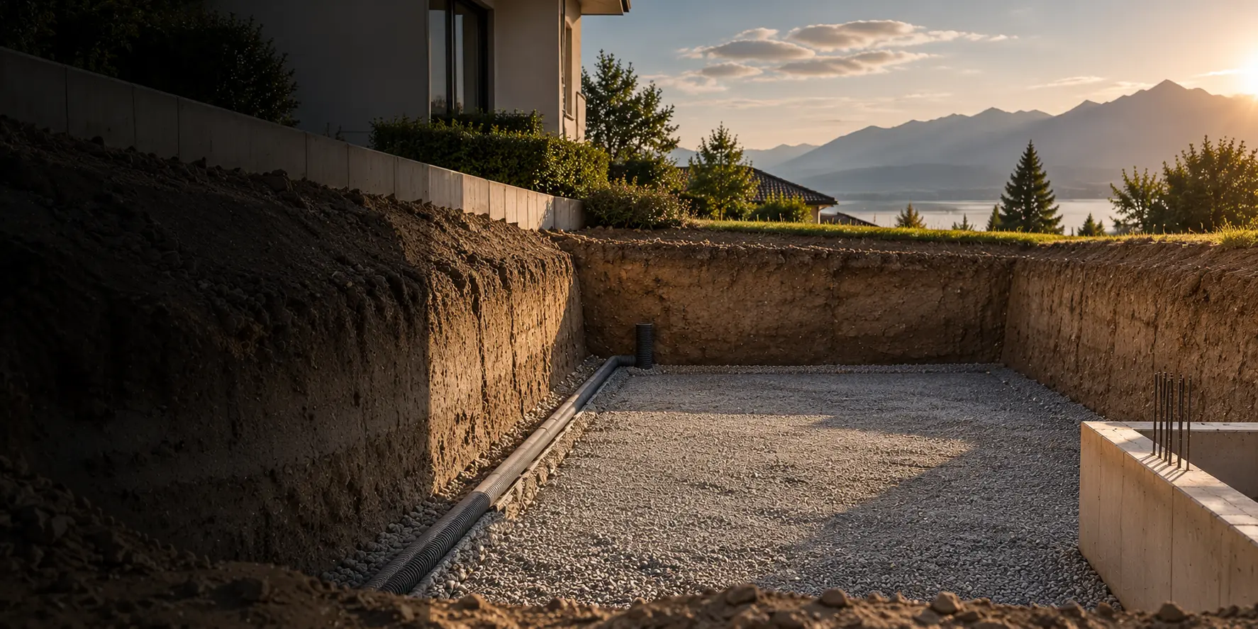 Fouille de chantier préparée, talus réguliers, lit de gravier nivelé et drainage posé