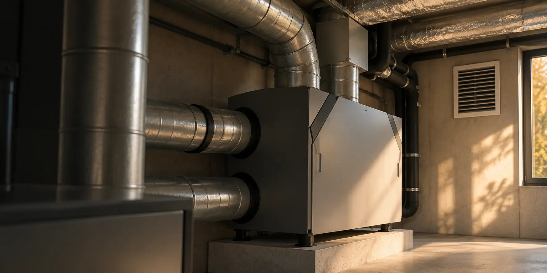 Local technique avec centrale de ventilation et gaines circulaires posées