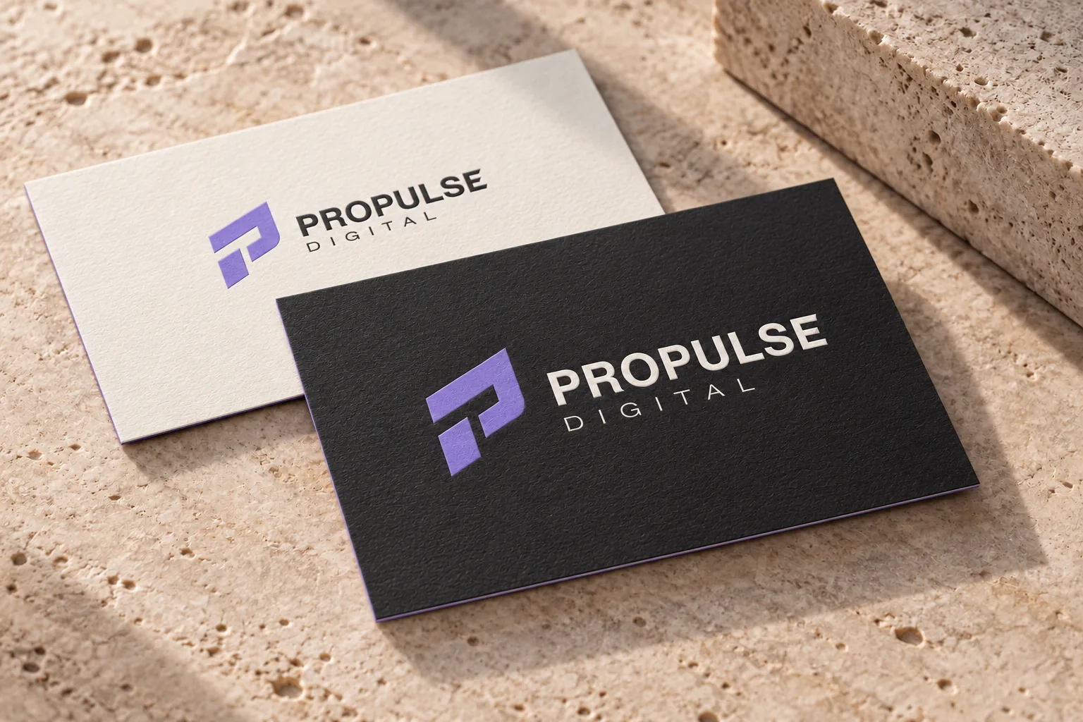 Cartes de visite fines Propulse Digital en papier texturé ivoire et graphite — illustration générée.