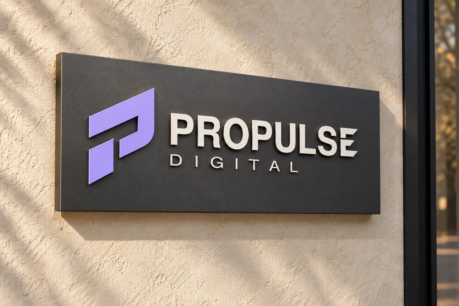 Plaque professionnelle Propulse Digital en relief sur un mur clair — illustration générée.