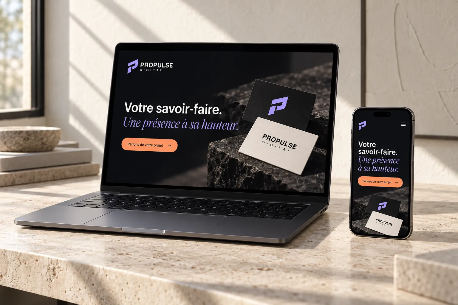 Mise en scène de l'identité Propulse Digital sur ordinateur et téléphone dans un décor minéral — illustration générée.