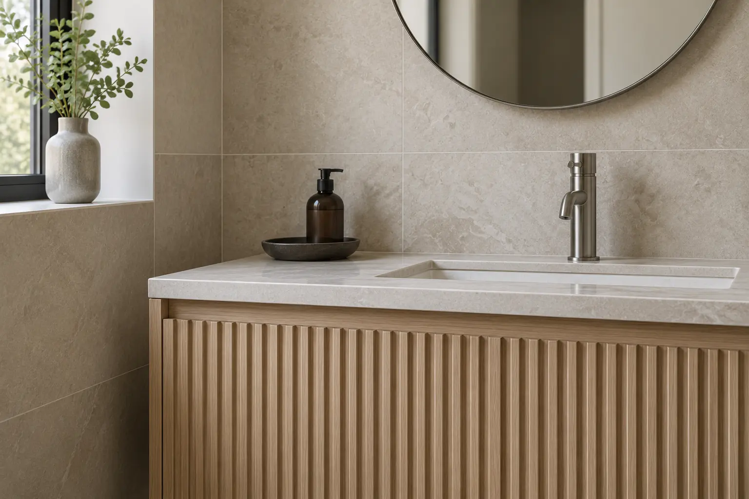 Détail du carrelage beige, de la vasque et du meuble en bois rainuré — illustration