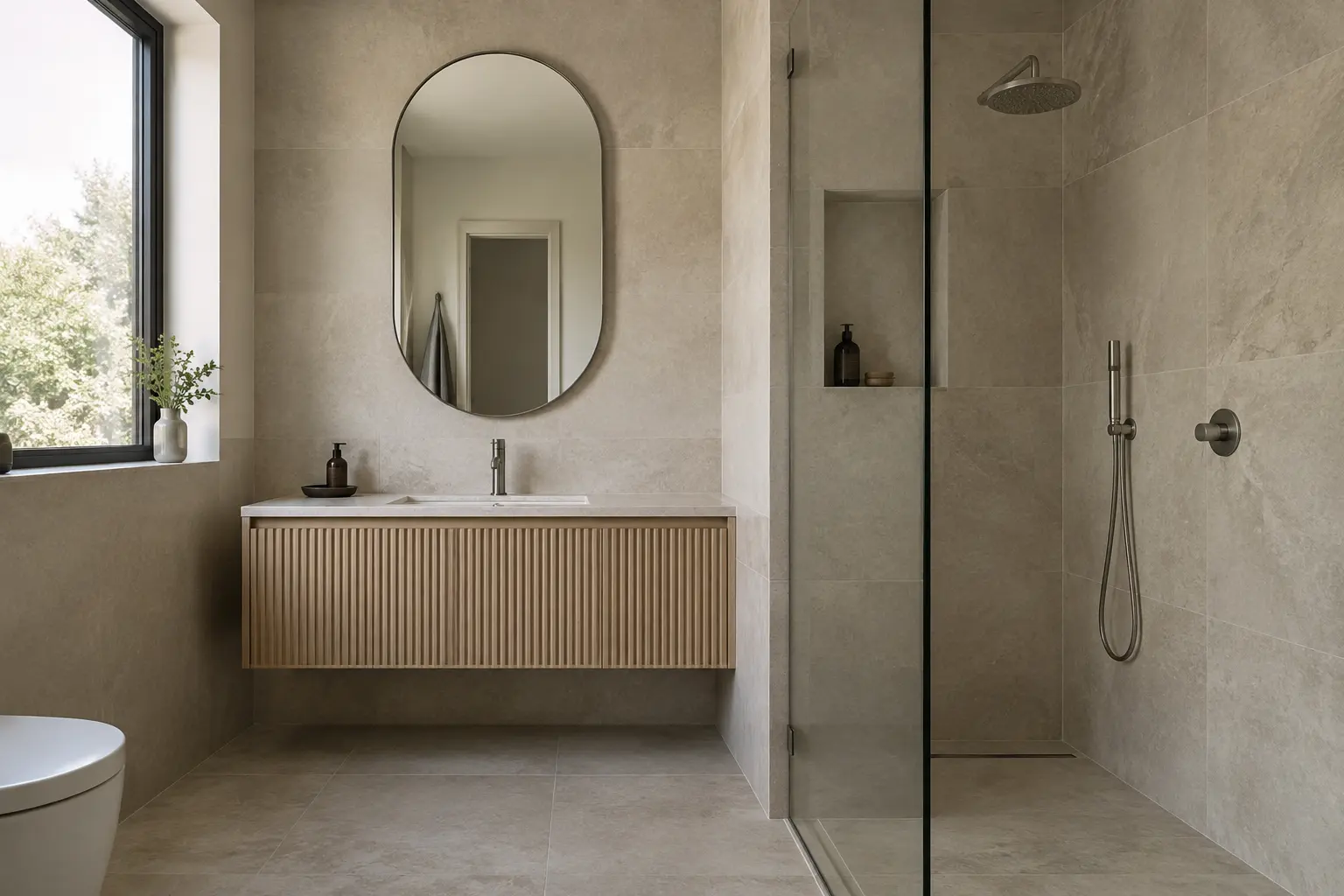 Salle de bain contemporaine avec carrelage effet pierre et meuble vasque en bois — illustration