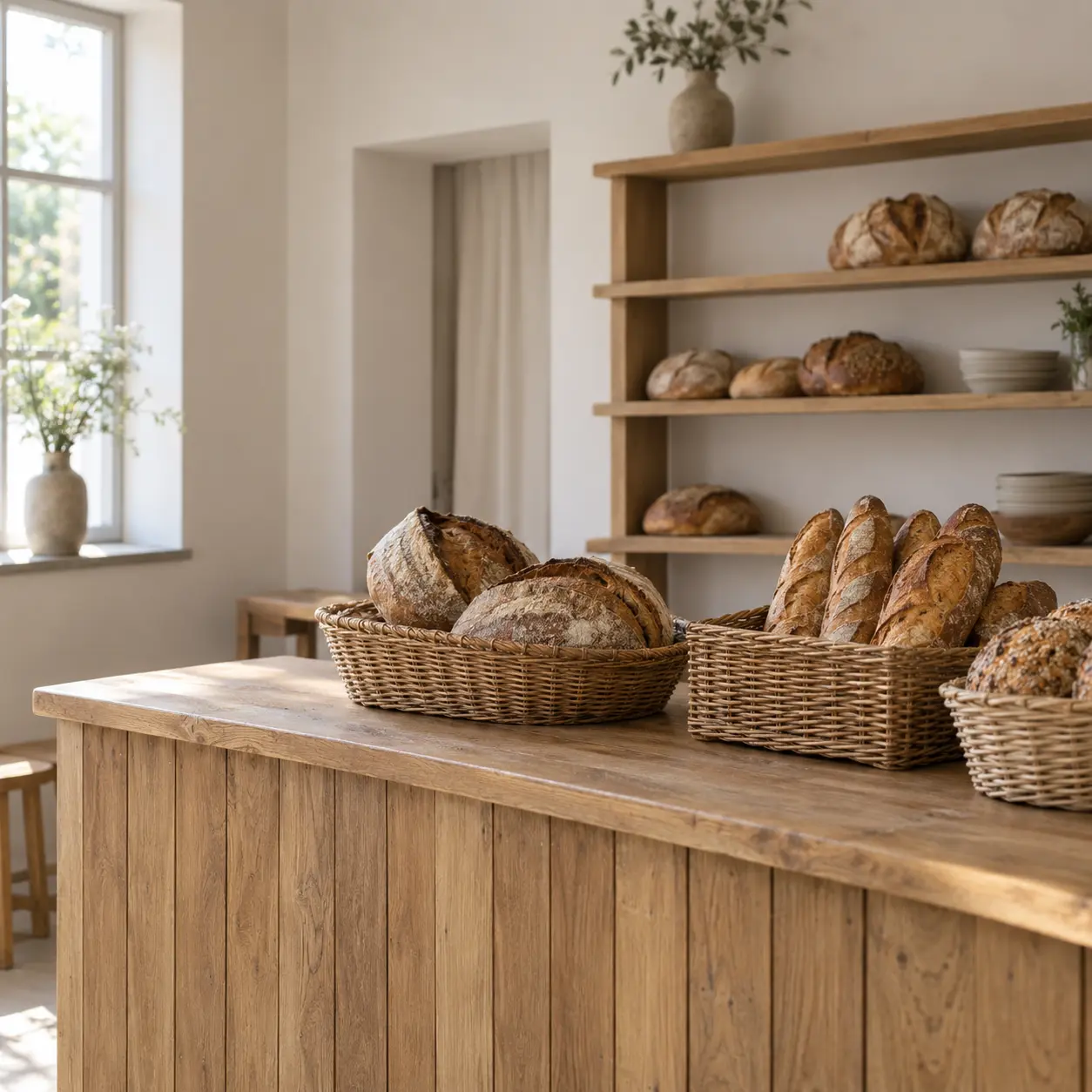 Boulangerie avant l'ouverture, pains en corbeilles sur le comptoir