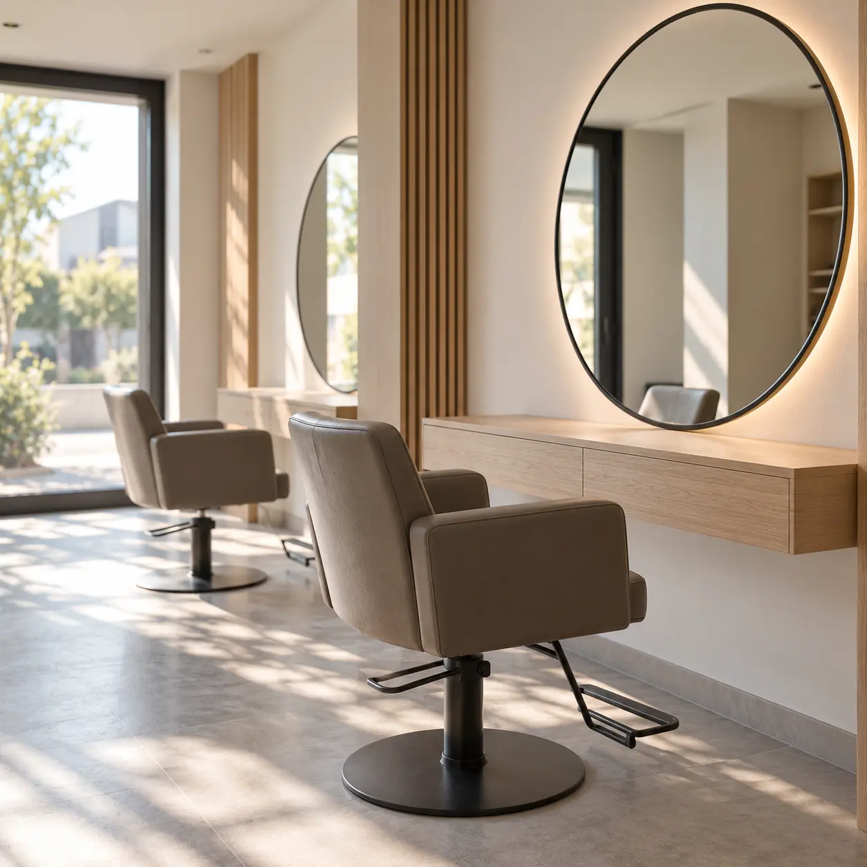 Salon de coiffure avant l'ouverture, fauteuil et miroir rond