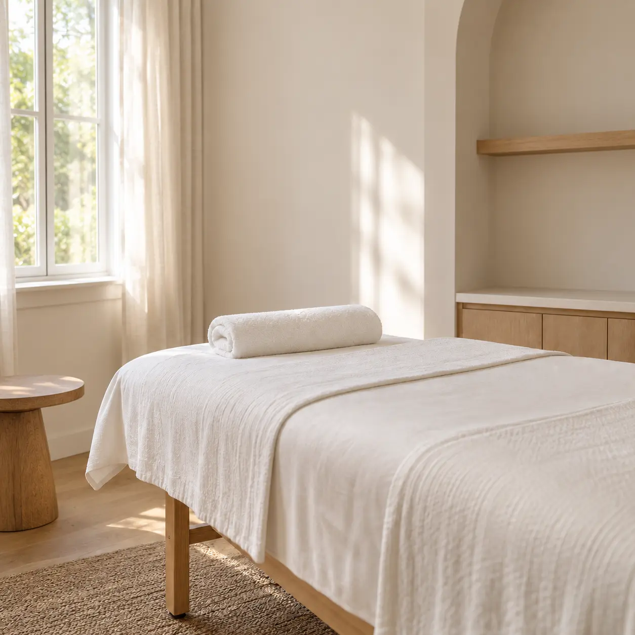Cabine de soin d'un institut de beauté, table préparée et linge plié