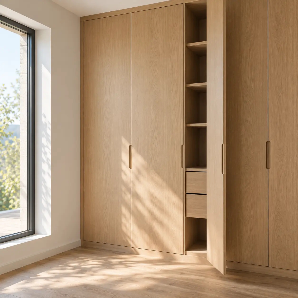 Armoire en chêne sur mesure aux portes affleurantes dans une pièce claire