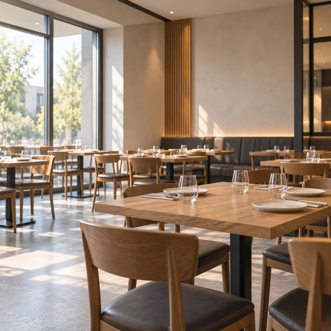Salle de restaurant avant le service, tables en bois et couverts dressés