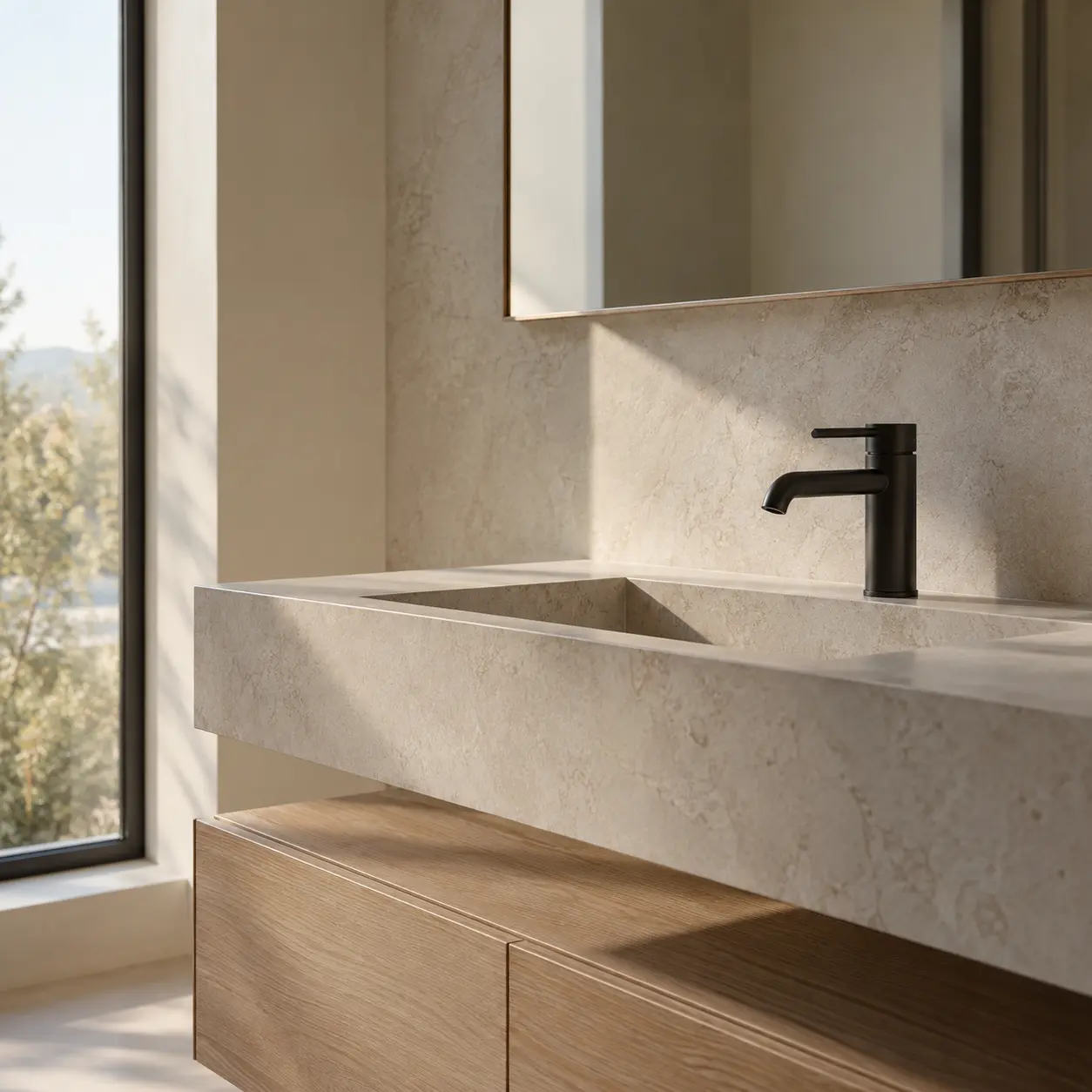 Lavabo moderne avec robinetterie noire dans une salle de bain claire
