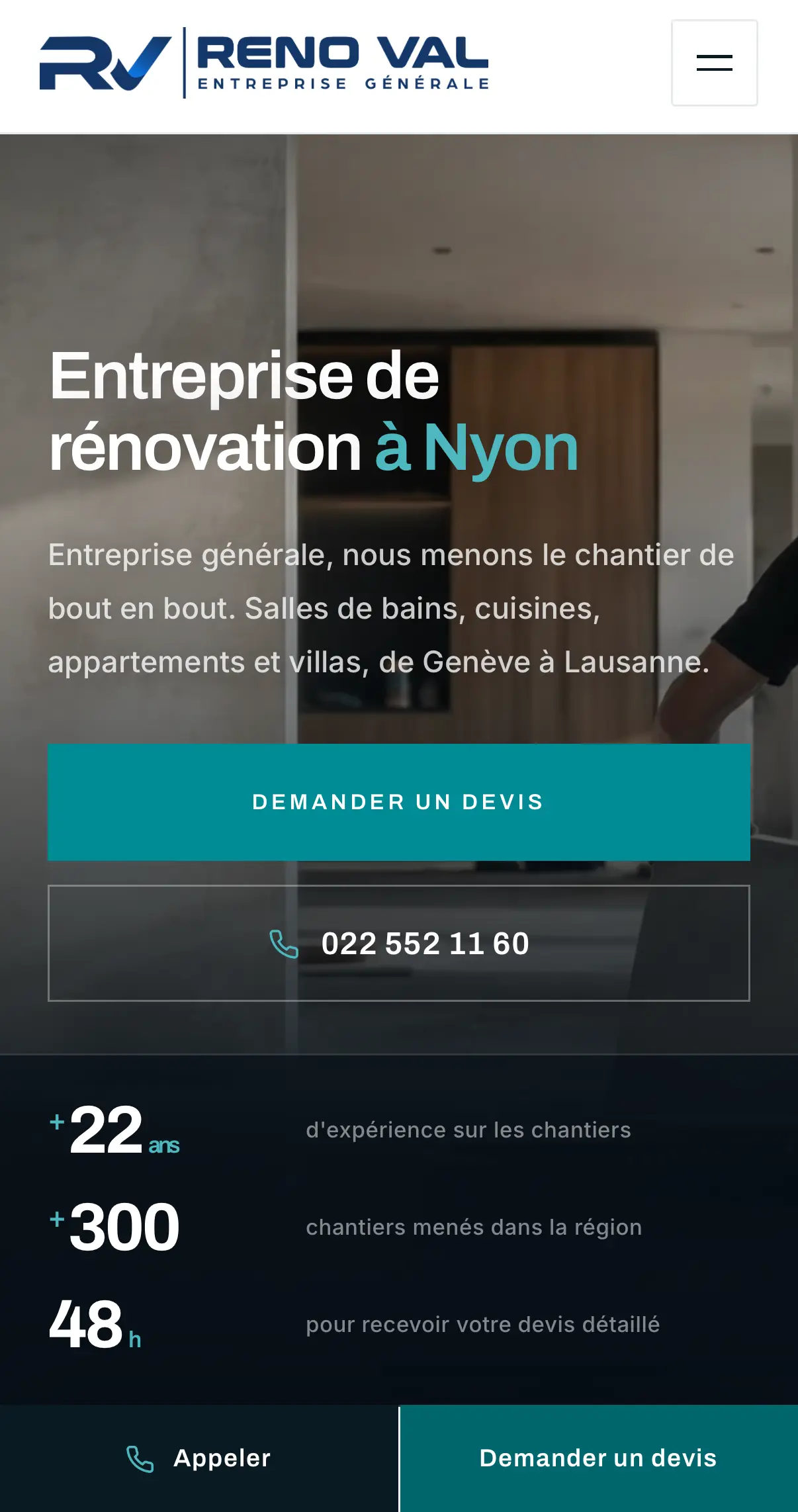 Site internet de Reno-Val vu sur téléphone, page d'accueil